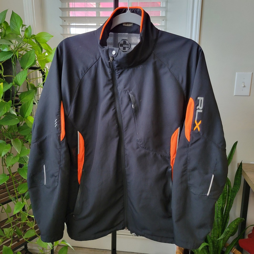RLX Ralph Lauren Mens M Windbreaker Jacket Black Orange Full Zip Lightweight